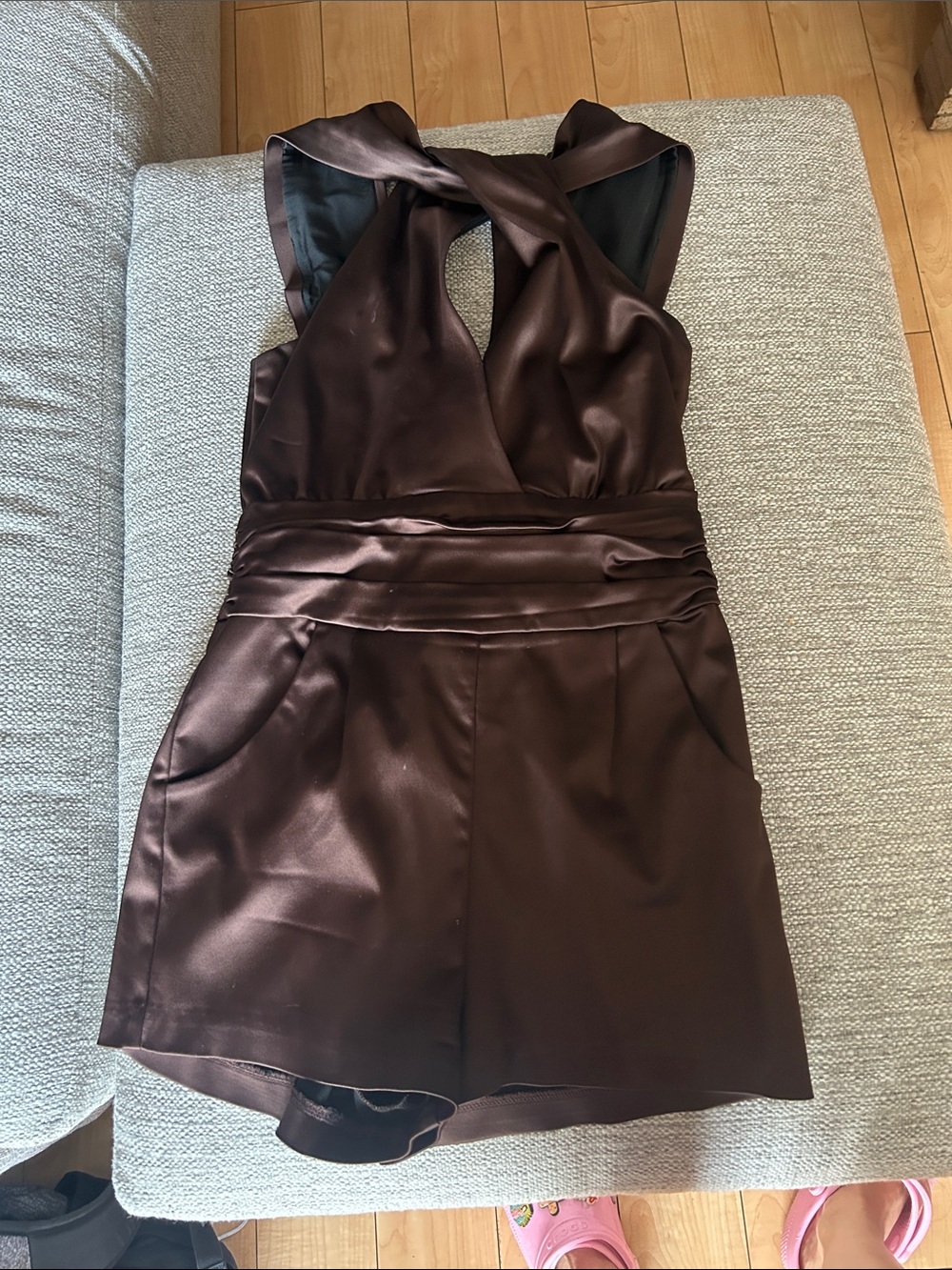 bebe Chocolate Brown One-Shoulder Satin Romper
